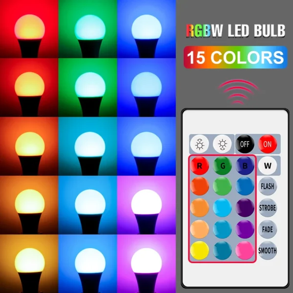 ⁦لمبة LED RGB ملونة 220 فولت، 16 لونًا قابلة للتعتيم، مزودة بجهاز تحكم عن بعد IR، مثالية لتزيين المنزل، متوفرة بقدرات 5 واط، 10 واط، و15 واط.⁩ - الصورة ⁦5⁩