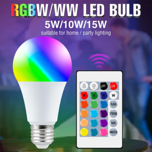 لمبة LED RGB ملونة 220 فولت، 16 لونًا قابلة للتعتيم، مزودة بجهاز تحكم عن بعد IR، مثالية لتزيين المنزل، متوفرة بقدرات 5 واط، 10 واط، و15 واط.