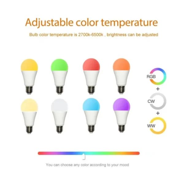 ⁦لمبة ذكية PwwQmm LED E27، 15 واط، تحكم عبر تطبيق Tuya بلوتوث 4.0، RGB + CW + WW، عكس الإضاءة، متوافقة مع iOS وأندرويد.⁩ - الصورة ⁦5⁩
