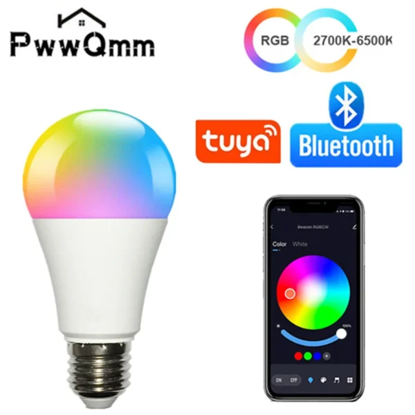 لمبة ذكية PwwQmm LED E27، 15 واط، تحكم عبر تطبيق Tuya بلوتوث 4.0، RGB + CW + WW، عكس الإضاءة، متوافقة مع iOS وأندرويد.
