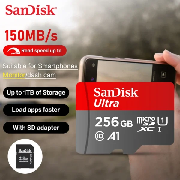 ⁦بطاقة ذاكرة سانديسك Micro SD أصلية، سعات تصل إلى 1 تيرابايت، سرعة نقل تصل إلى 150 ميجابت/ث، فئة C10، مثالية للهواتف والتخزين السريع.⁩ - الصورة ⁦3⁩