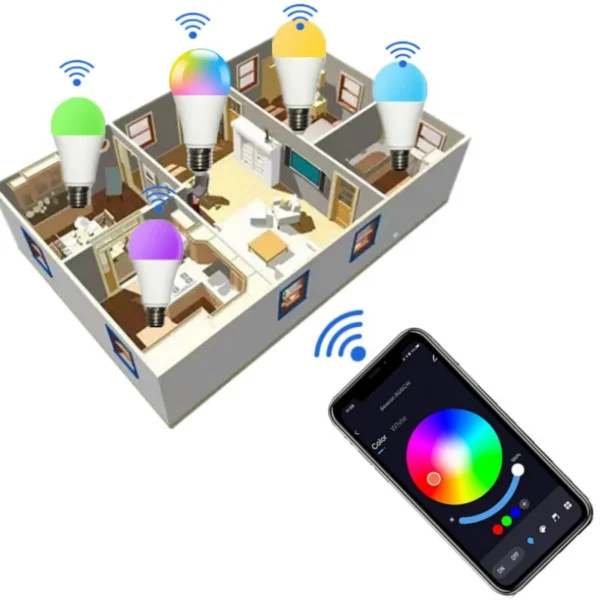 ⁦لمبة ذكية PwwQmm LED E27، 15 واط، تحكم عبر تطبيق Tuya بلوتوث 4.0، RGB + CW + WW، عكس الإضاءة، متوافقة مع iOS وأندرويد.⁩ - الصورة ⁦3⁩