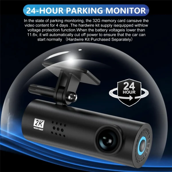 ⁦كاميرا داش 2K مع واي فاي، DVR، تحكم عبر التطبيق، ومراقبة 24 ساعة لمواقف السيارات.⁩ - الصورة ⁦5⁩
